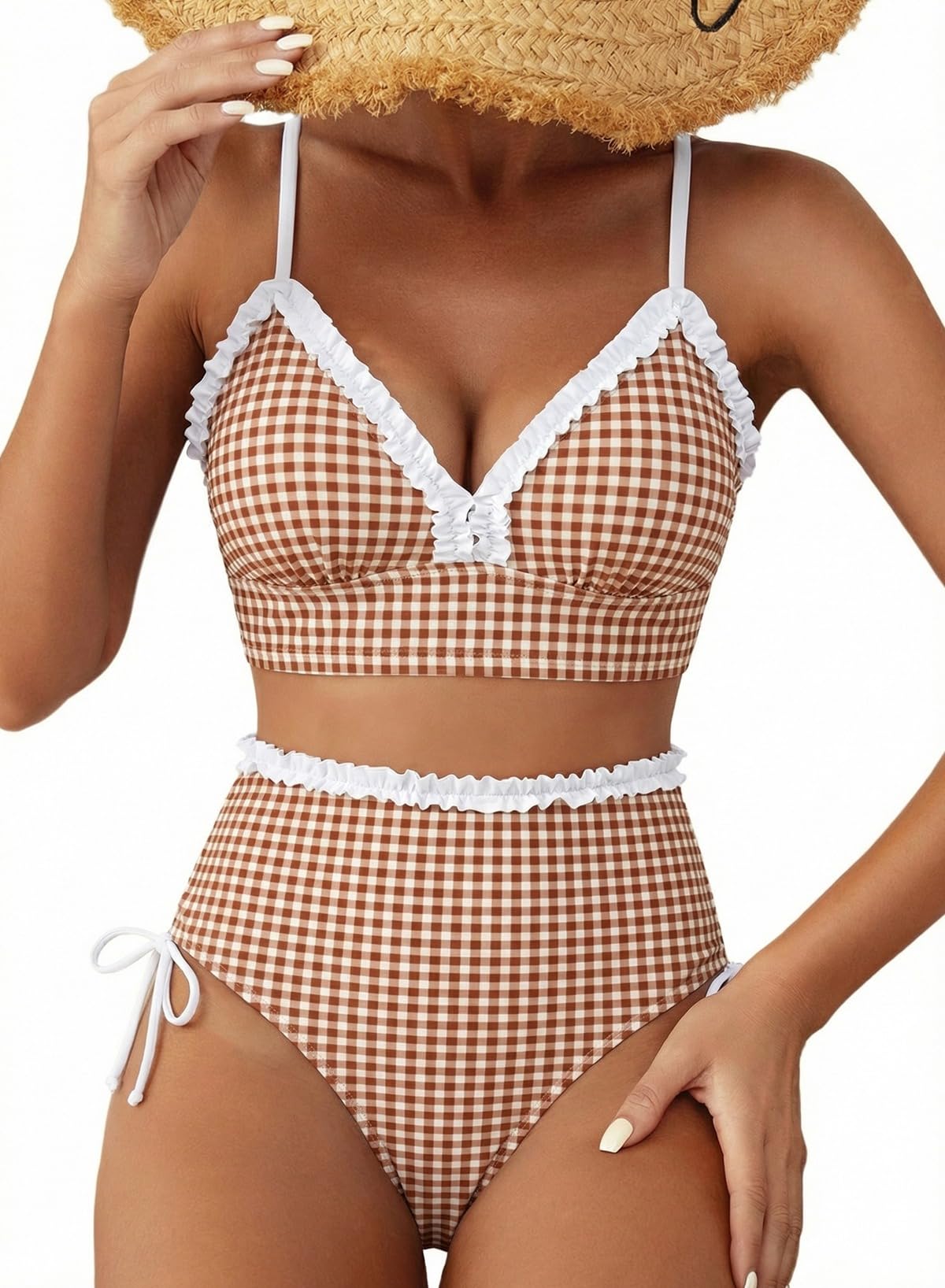 Women Bikini Set Ruffle Trim Side Tie Bathing Suits High Waist-image-26