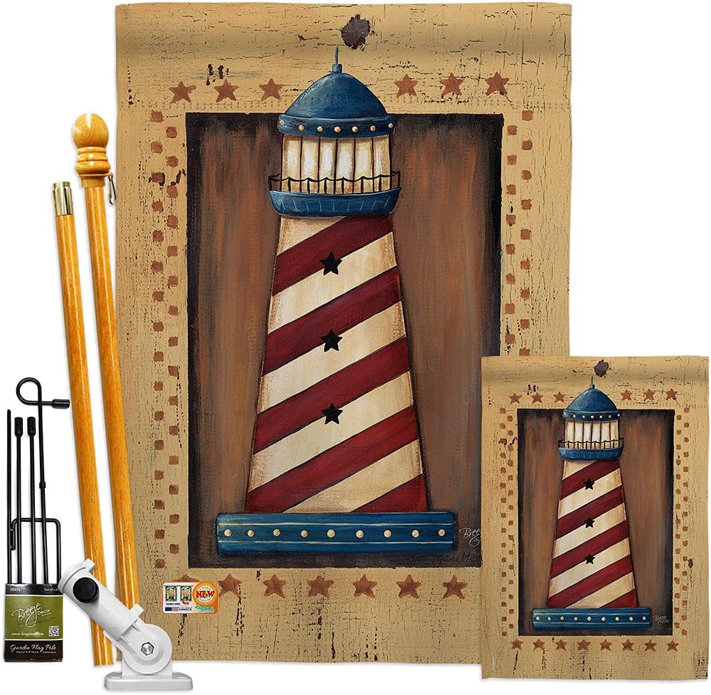 Patriotic Lighthouse House Flag Dowel Set Coastal Nautical Anchor Sailor Sea Shells Outdoor Summer Ocean Small Decorative Gift Yard Banner Made In USA 28 X 40