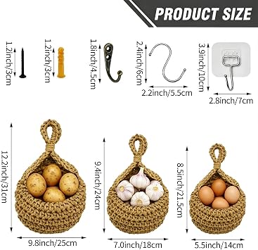 3Pcs Hanging Fruit Basket, Hanging Vegetable Basket for Kitchen, for Fruit Vegetable Storage (Brown) (Regular)