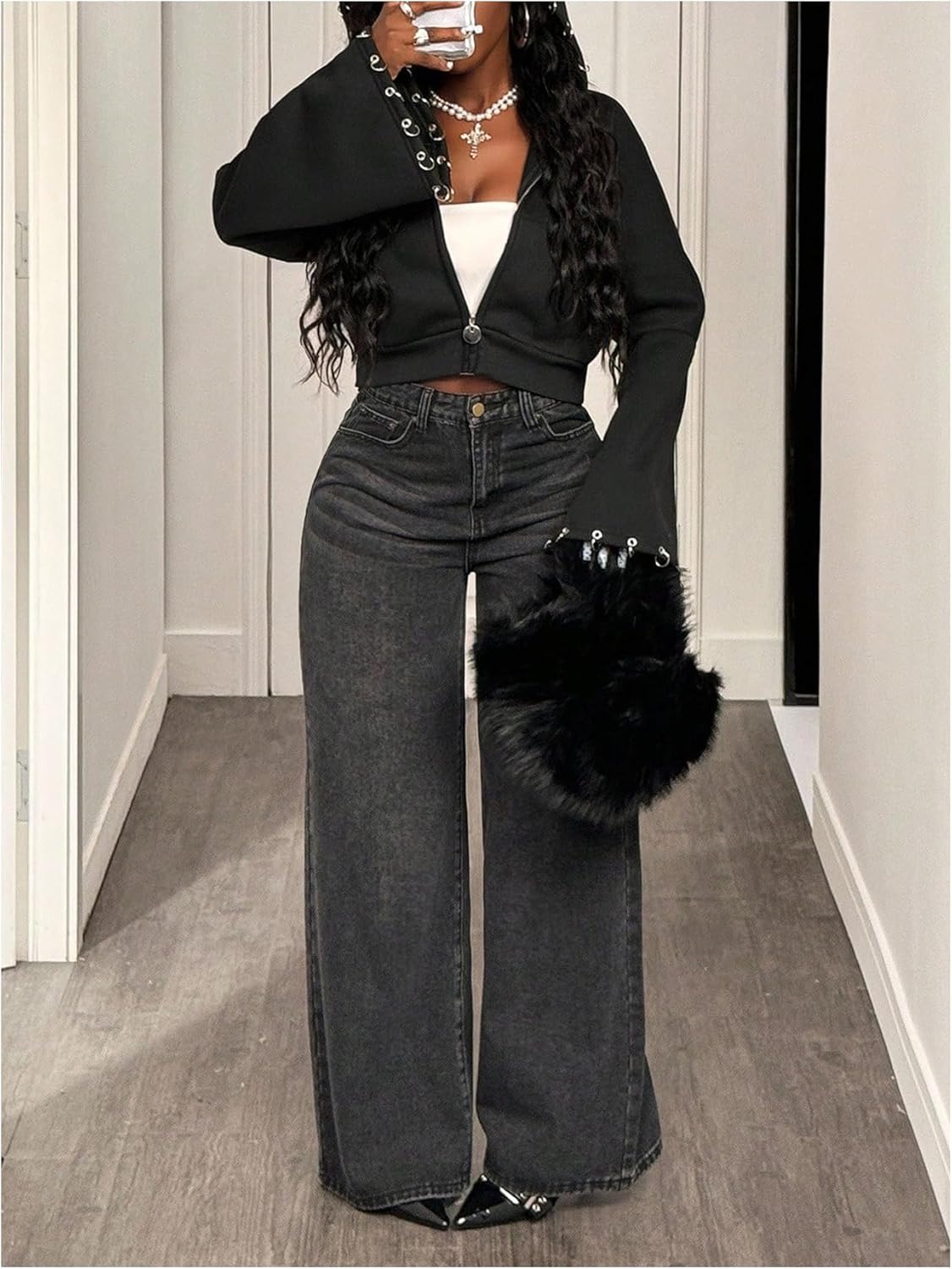 Milumia Women's Y2k Punk Zip Up Cropped Hoodies Grommet Bell Sleeve Sweatshirt Jackets Outerwear - Image 5