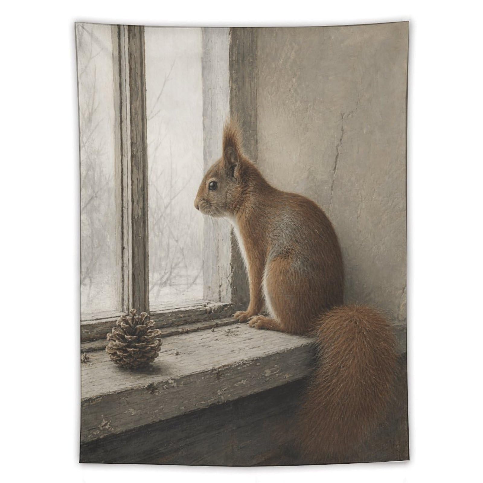 H3B8U2Y5 Squirrel at Window Wall Tapestry, Realistic Illustration, Backdrop