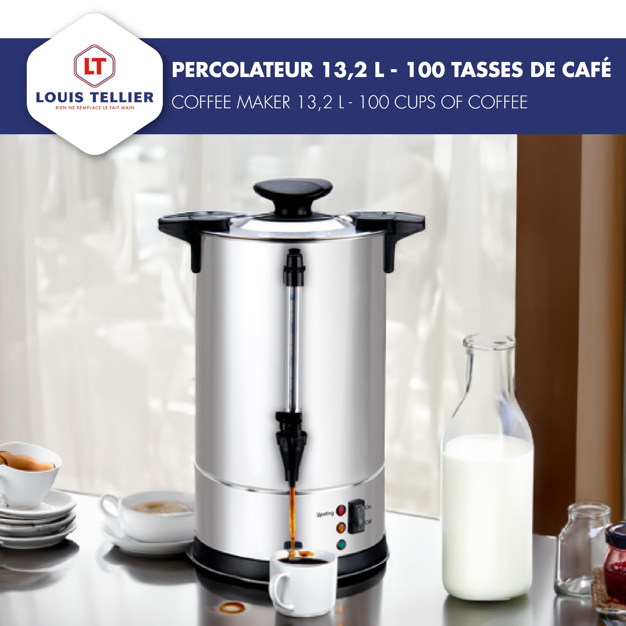 LOUIS TELLIER - Percolateur à café professionnel - Capacité 13,2 L - 100 tasses - INOX - Filtre en inox - Robinet anti-gouttes