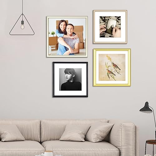 Miniatura 5 de Juego de 4 portarretratos de 10 x 10 pulgadas, color latón mate, simple y moderno, de aluminio cepillado, para fotos de 6 x 6 pulgadas con paspartú