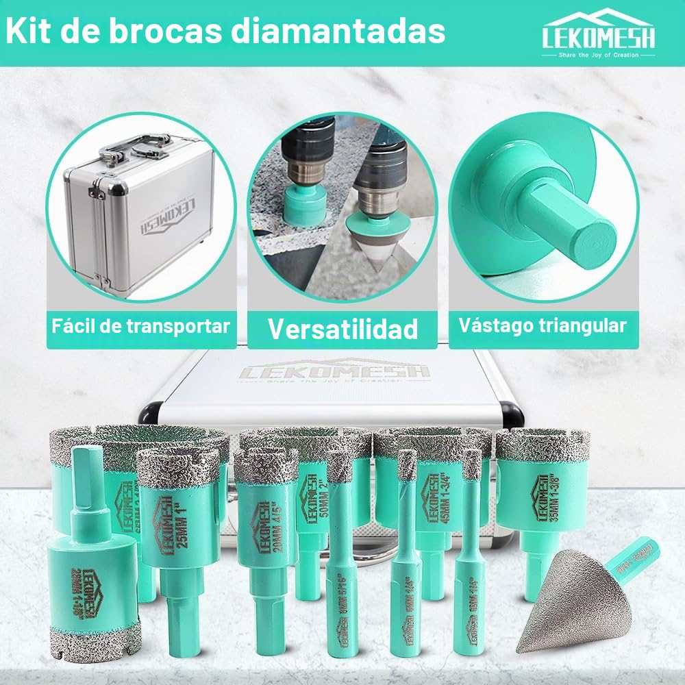 Kit de Broca de Diamante - 11piezas (6/6/8/20/25/28/35/45/50/65mm+35mm Broca Fresado Chaflán de Diamante) LEKOMESH,Vástago Triangular,para Porcelánico Cerámica Granito Mármol Mampostería Piedra