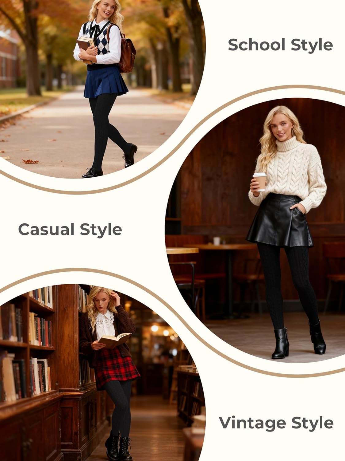 Women's Cable Knit Tights - Cozy Warm Opaque Fall Winter Sweater Tights, Black/Dark Gray/Warm White (S/M-L/XL) - Image 7