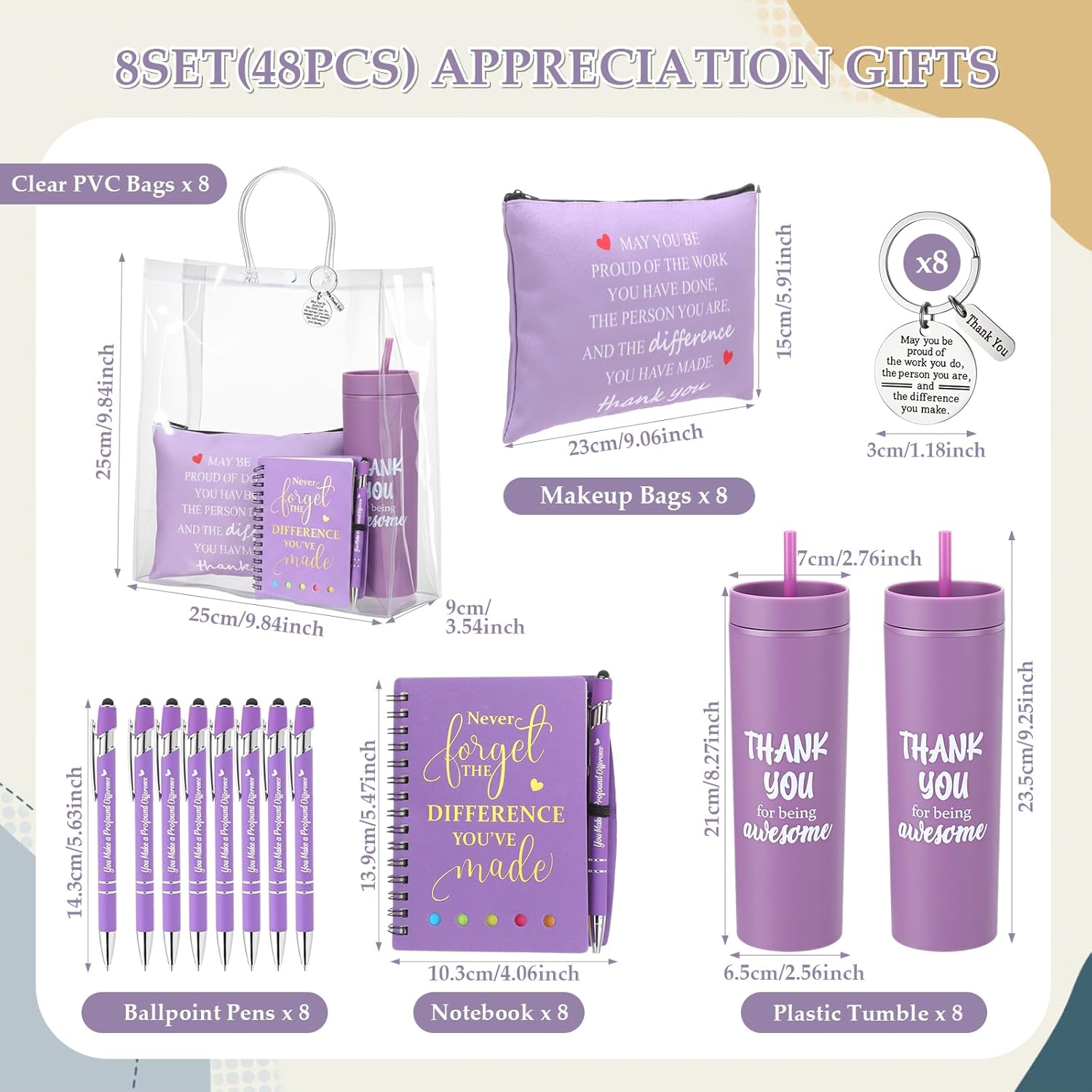 Funnymoom 48 Pcs/8 Sets Employee Appreciation Gifts 8 Thank You for Being Awesome Tumblers 8 Notebooks 8 Ballpoint Pen 8 Makeup Bags 8 Keychain 8 Bag for Women Men Coworker(Purple)