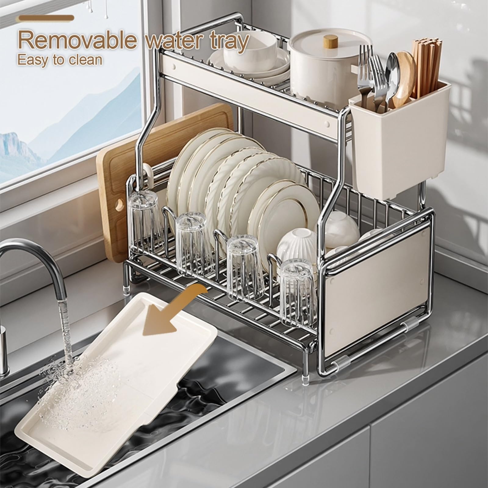 Escurridor de platos extensible, escurridor de platos grande para encimera de cocina, organizador de fregadero con almacenamiento dividido