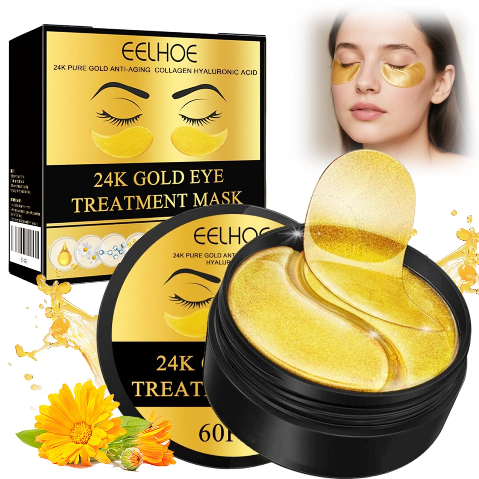  24K Gold Feuchtigkeitsspendende Eye Pad Mask 60 Stück für tägliche Anwendung gegen Tränensäcke, Falten und Dunkle Kreis