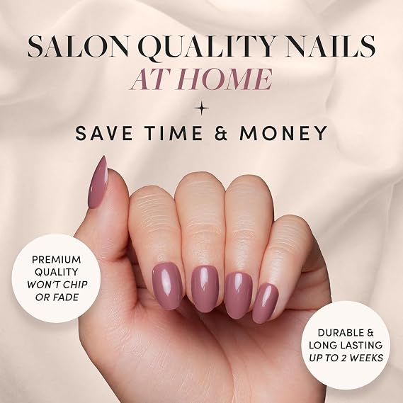 Glamnetic Press-On Nails Bundle - Fall Mauve & Berry Maroon | Opaque Muted Blush Mauve Short Oval False Nails | Opaque Dark Red Maroon Short Round False Nails | Reusable Nail Kit with Glue