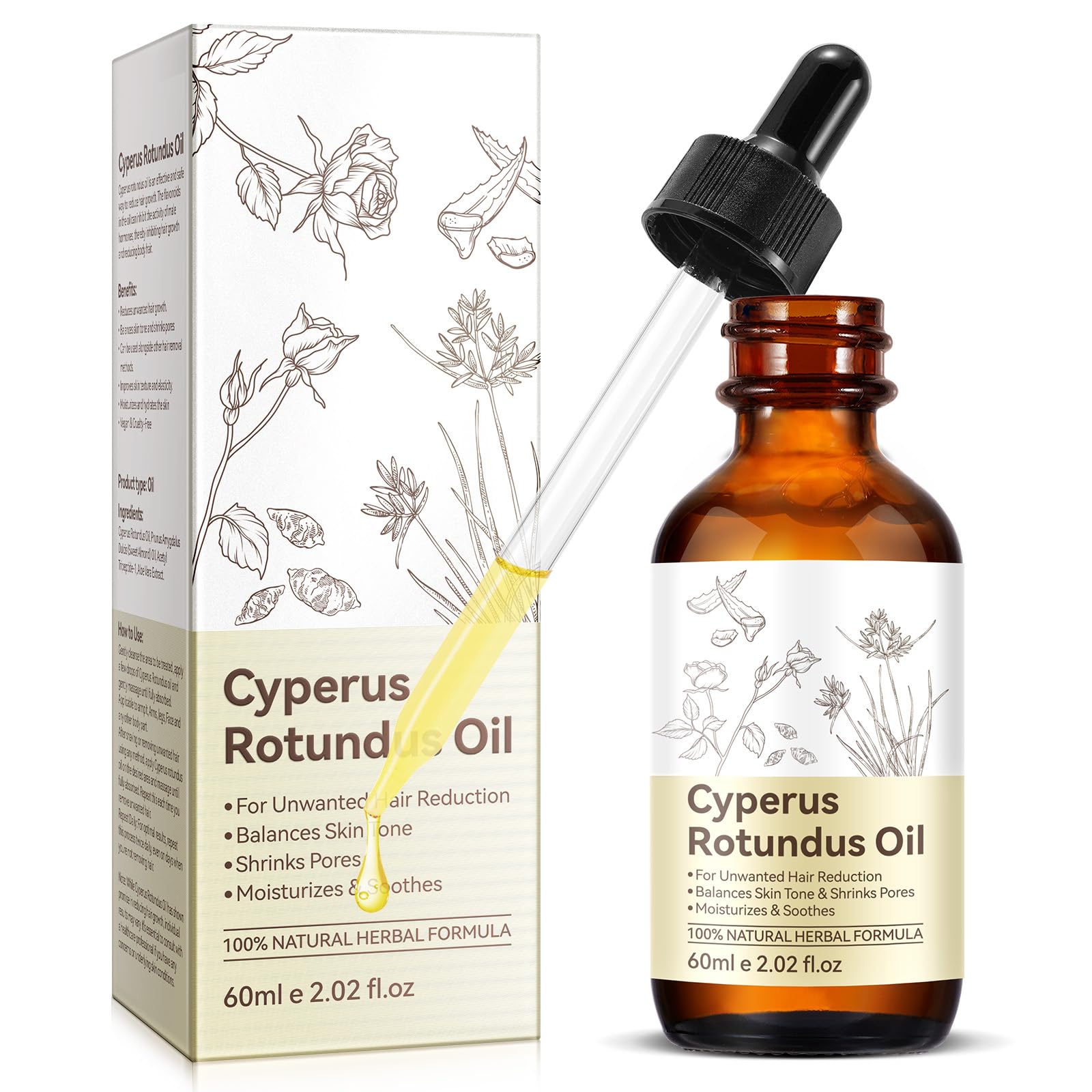 HUYEHF Cyperus Rotundus Oil, Natural Cyperus Rotundus Oil for Hair Removal, Reducing Body Hair Growth, Smooth Skin & Hair Removal, Shrink Pores Soothing & Gentle Suitable for All Skin Types 60ml