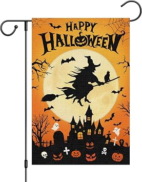 Happy Halloween Witch Garden Flag 12x18 Inch Double Sided,Full Moon Bats Castle Small Halloween Yard Flag Seasonal Outdoor Decoration