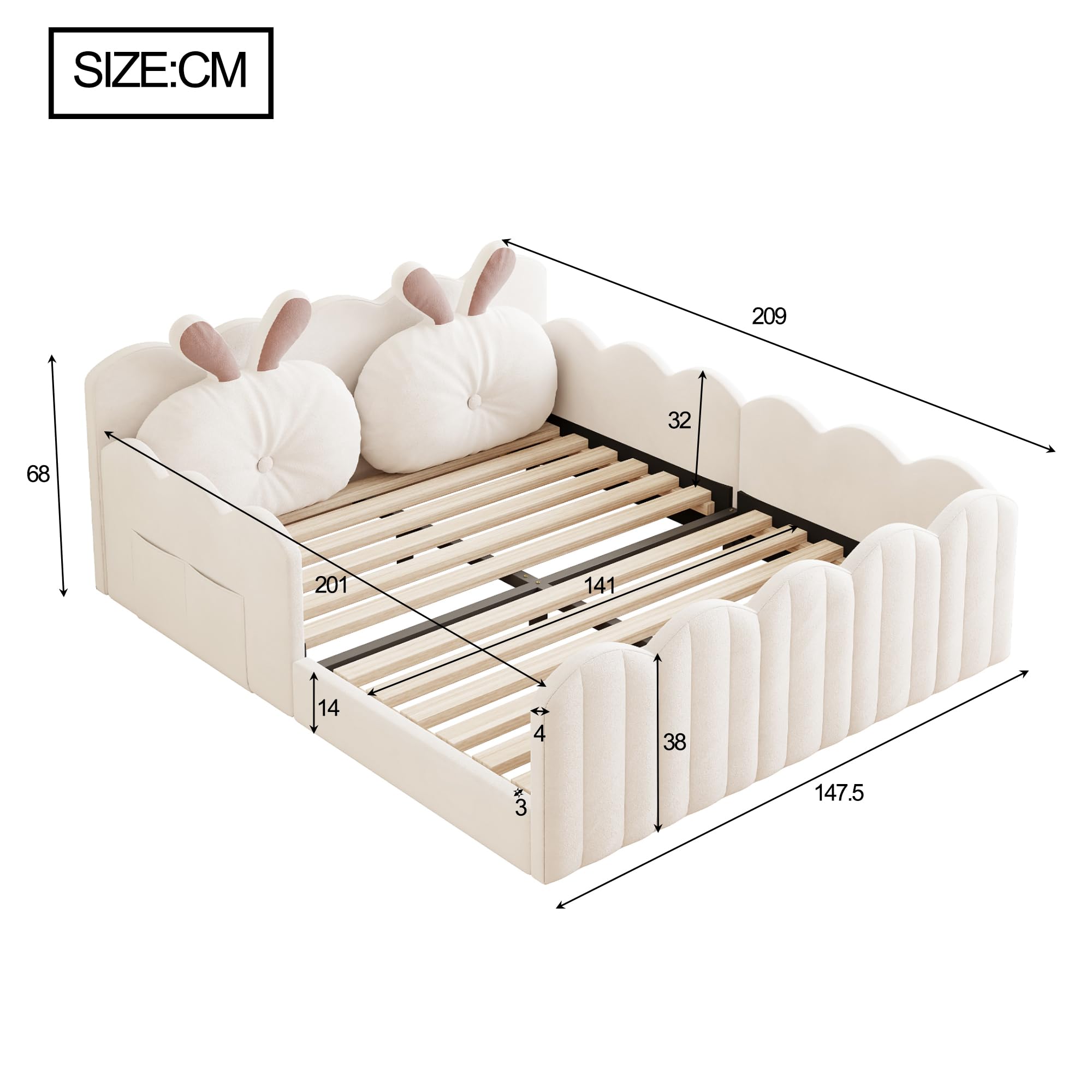 Letto imbottito 140 x 200 cm, letto con cuscino a forma di coniglio, letto per ragazzi con griglia, lettino per appartamento (senza materasso) lino beige