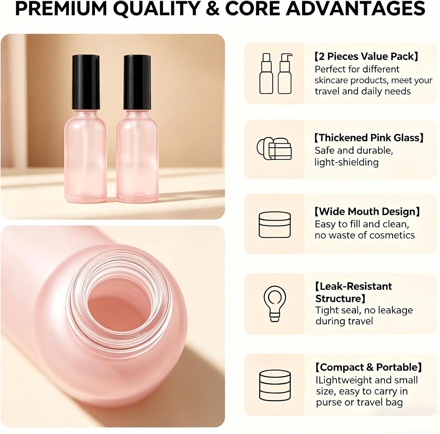 2PCS 1oz 30ML BPA Free Pink Glass Empty Portable Pump Lotion Bottles Press Jars Pot Container For Makeup Skin Care Foundations Cosmetic Serums Cream Liquid Essential Oils image 3