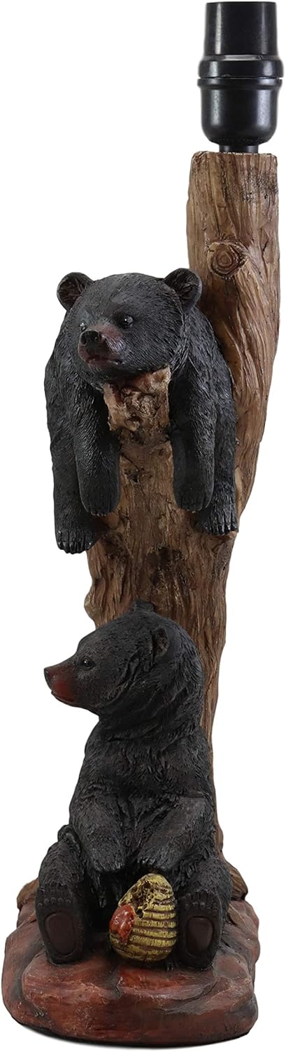 Ebros Wildlife Rustic Cabin Lodge Decor Whimsical Lazy Days of Summer 2 Black Bears Napping On Tree Branch and Snacking Honey Table Lamp Statue with Shade 22" High Forest Bear Family Desktop Lamps