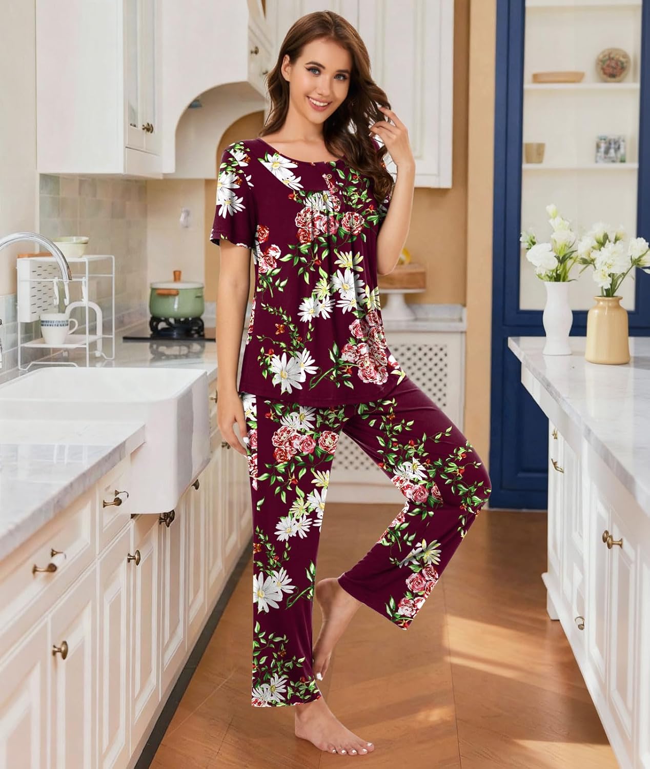 Bestbee Women's Pajama Sets 2 Piece Summer Sleepwear Lounge Outfits Short Sleeve Long Pants With Pockets Ladies Pjs - Image 3