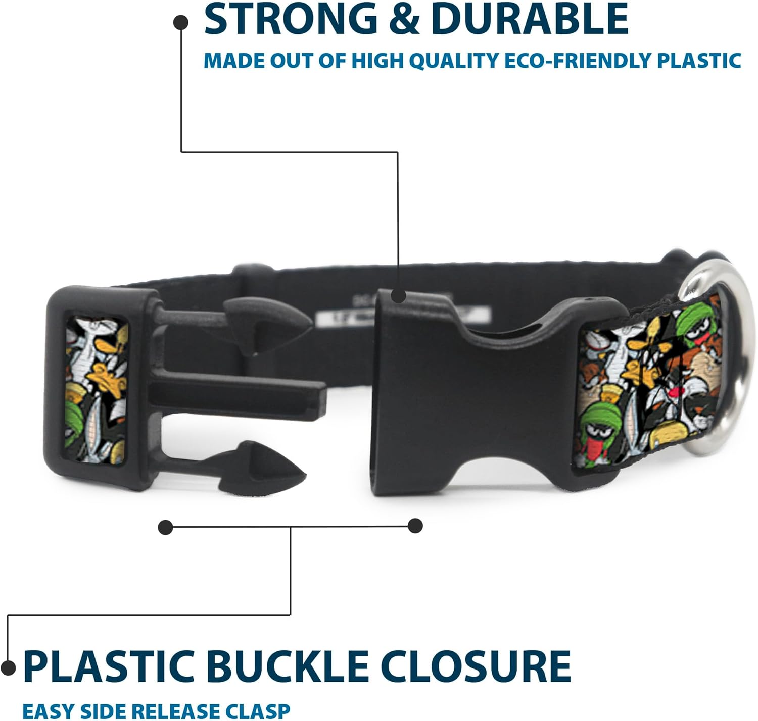 Dog Collar Plastic Clip Looney Tunes 6 Character Stacked Collage4 13 to 18 Inches 1.5 Inch Wide