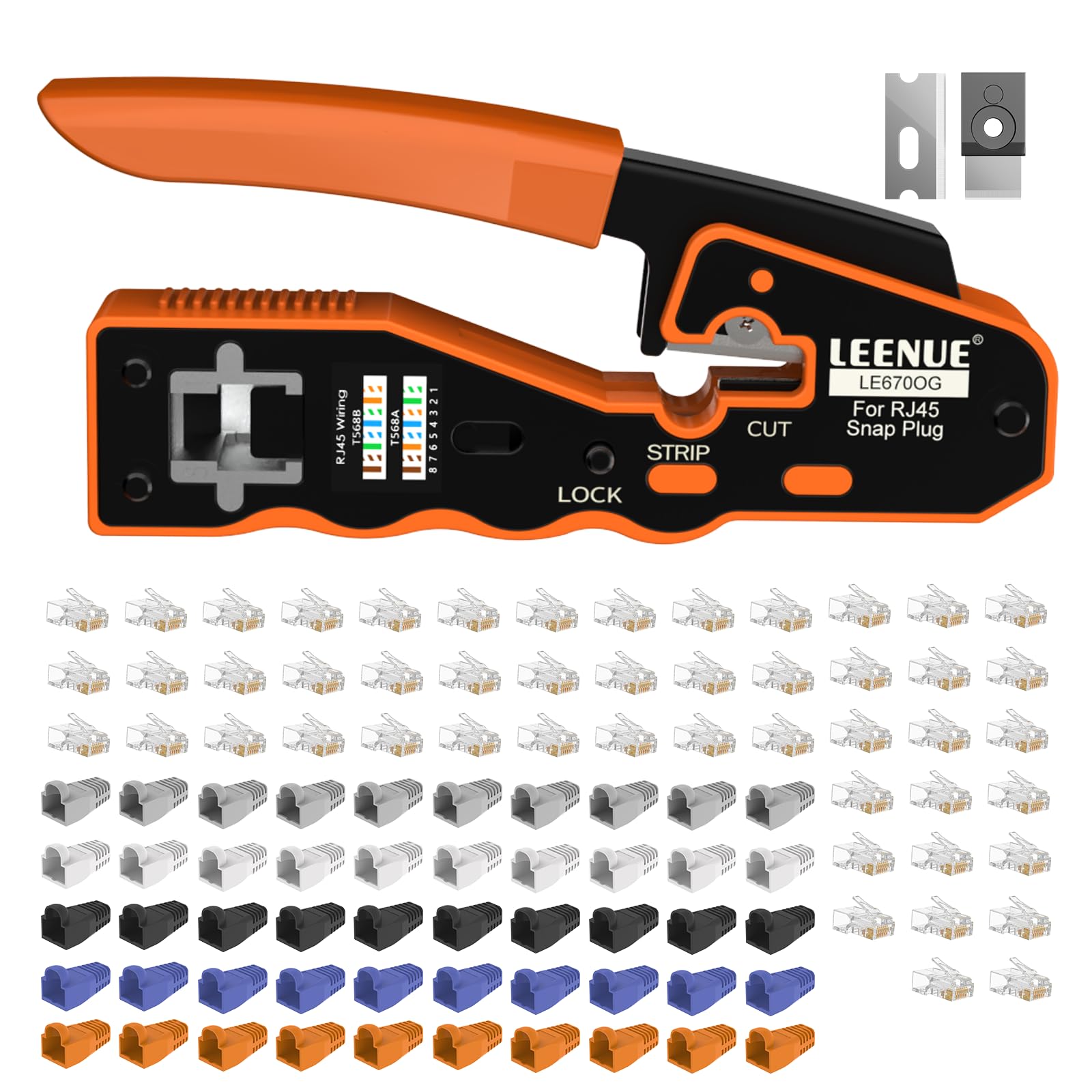 LEENUE RJ45 Crimp Tool Kit, Pass Through Cat5 Cat5e Cat6 Cat7 Ethernet Crimping Tool, Support Cutting, Stripping