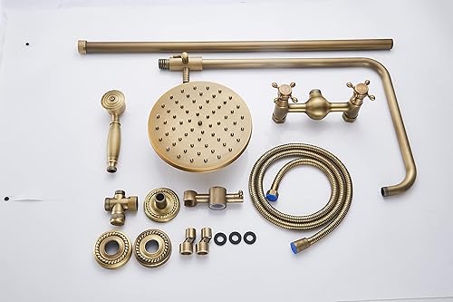 Miniatura 6 de GGStudy Sistema de ducha de lluvia de latón antiguo, 2 perillas, mezcla, cabezal de ducha redondo de 8 pulgadas con rociador de mano grifo de ducha