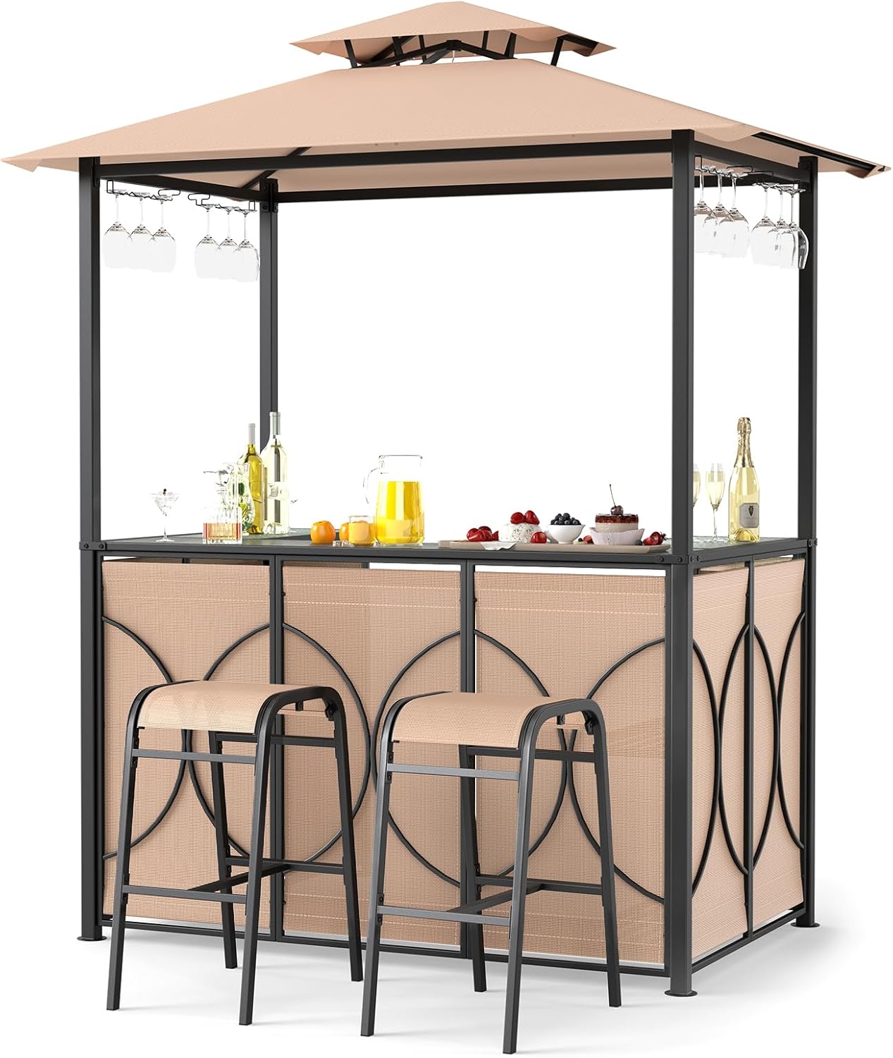 Tangkula 3-Piece Patio Bar Set with Grill Gazebo, Tempered Glass Table & 2 Bar Stools - Brown Outdoor BBQ Shelter for Garden