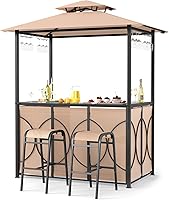 Tangkula 3-Piece Patio Bar Set with Grill Gazebo, Tempered Glass Table & 2 Bar Stools - Brown Outdoor BBQ Shelter for Garden