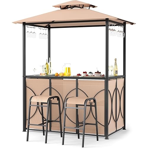 Tangkula 3-Piece Patio Bar Set, Grill Gazebo & 2 Bar Stools with Tempered Glass Bar Table, Metal Storage Shelves, Glass Holders, Double-Tier Soft Top Canopy BBQ Gazebo Shelter for Patio Garden (Brown)