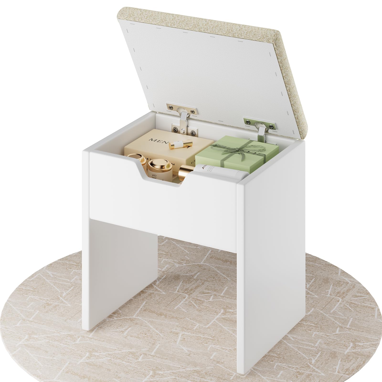 TRIUMPHKEY Taburete de Tocador con Almacenaje, Taburete de Tocador Maquillaje, Silla Tocador de Maquillaje para Dormitorio, Taburete Tapizado Moderno, Blanco