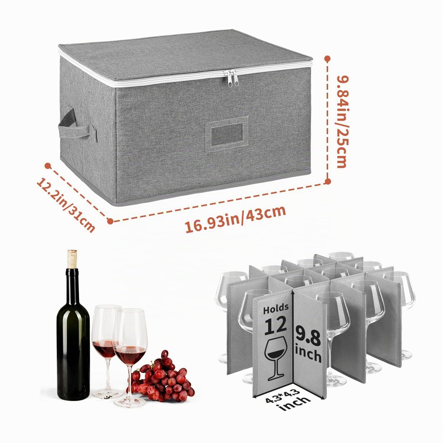 Vino Portabicchieri Scatole Trasloco, Impilabile Porta Calici con Partizione, Impilabileporta Bicchieri per 12 Bicchieri da Vino, Flute da Champagne, Guscio Rigido con Finestra per Etichett