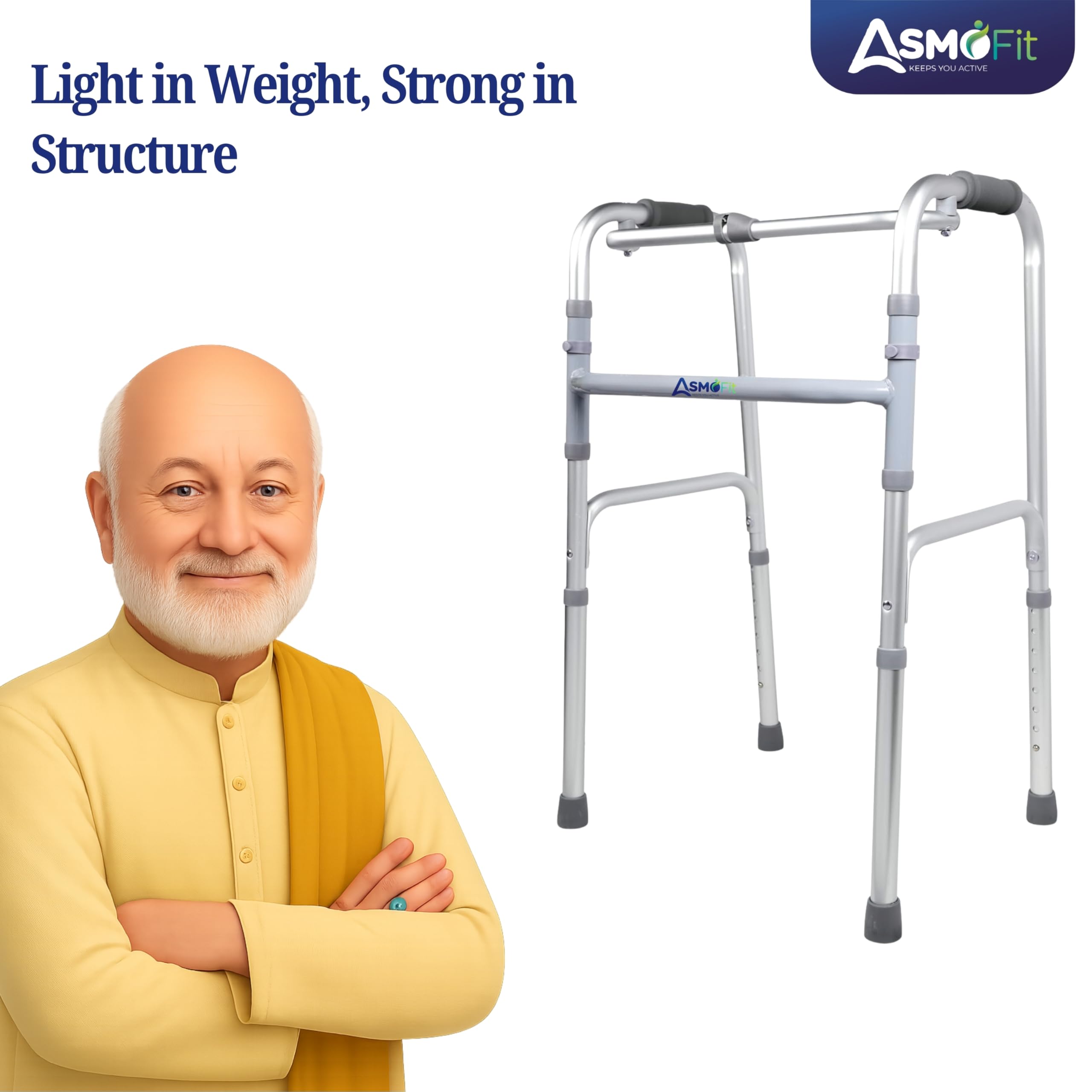 Asmofit Foldable Walker – Lightweight, Adjustable Height, Sturdy Frame for Elderly Support, Easy Mobility Aid for Seniors, Anodised Finish - Image 4 thumbnail
