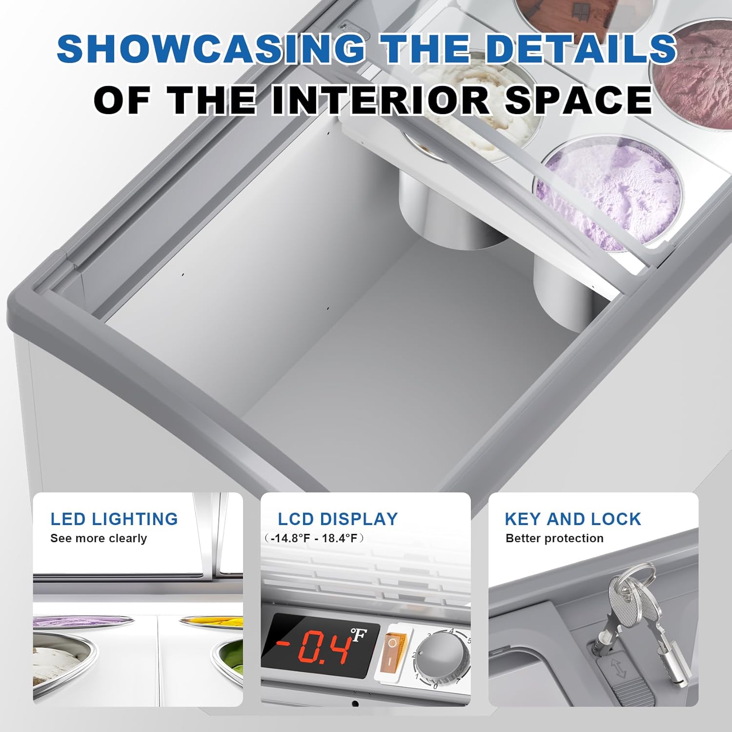 13 Cu.Ft Chest Freezer 51 in Commercial Ice Cream Display Case Restaurant Gelato Dipping Cabinet Top Deep Freezer with 8 * 3 Gallons Large Tubs