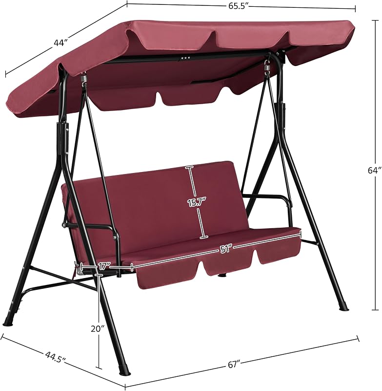 Yaheetech 3-Seat Patio Swing Chair, Adjustable Canopy & Seat Cushion, Black image 3