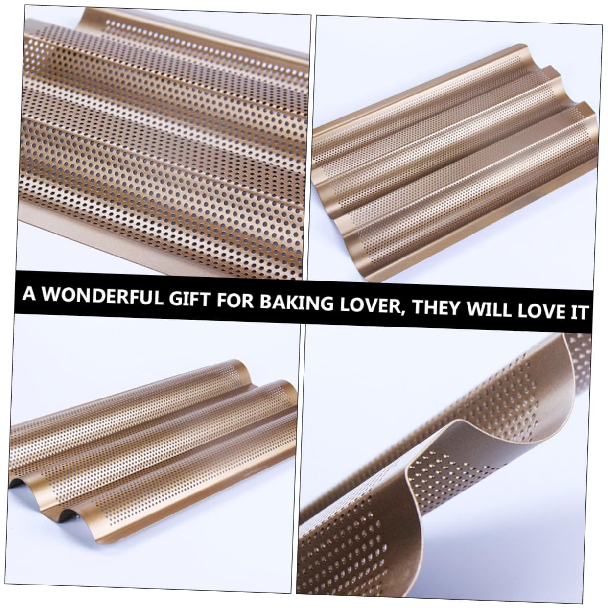 Sosoport Molde para Pan de 3 Ranuras 2 Piezas de Acero al Carbono | Diseño Perforado de Tres Ondas, Acabado Dorado, para Baguette Francesa y Preparación de Horno