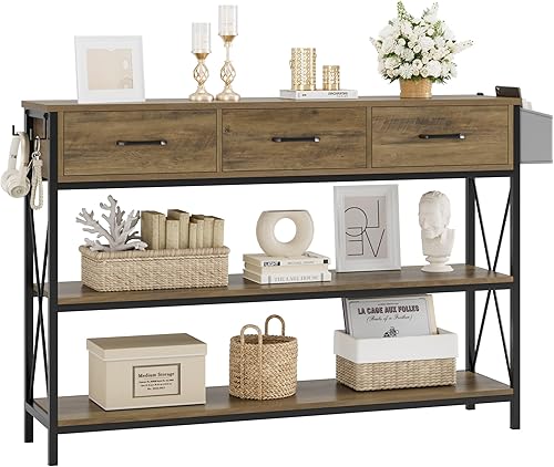 HITHOS Mesa consola de 47.2 pulgadas con 3 cajones, mesa de entrada larga industrial con estantes de almacenamiento de 3 niveles, mesa de pasillo