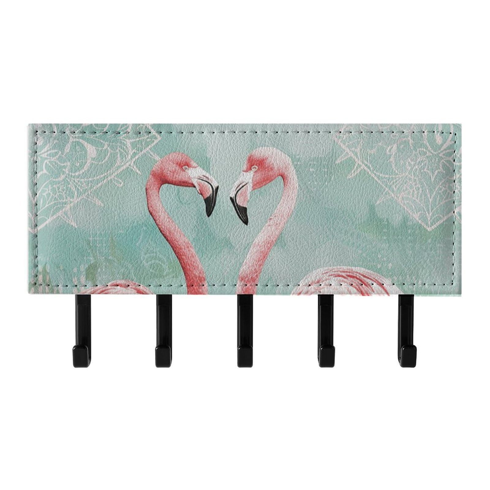 QMNLKH Two Peach Flamingos Wall Mounted Key Rack for Home, No Drilling Key Holder with 5 Hooks, Self Adhesive Keys Chain Organizer for Hallway, Keys Hanger Shelf for Office, Doorway Black