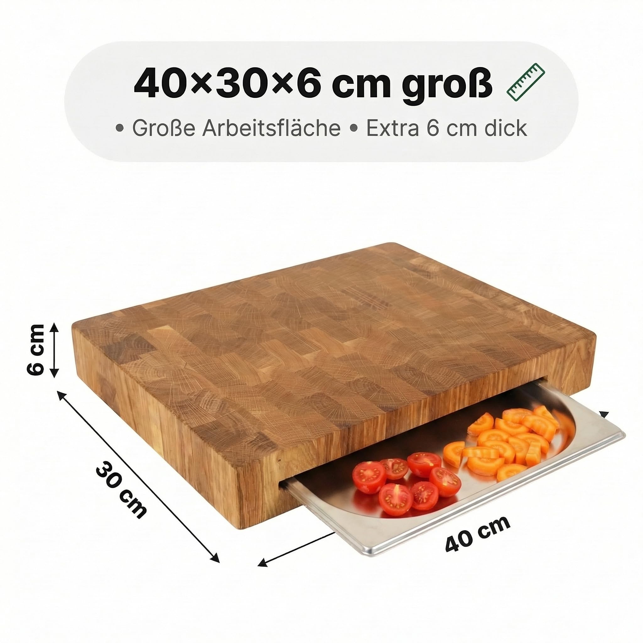 B4K® Eiken snijplank, 60 × 40 × 4 cm, massief hakblok, antibacteriële hersenhouten plank met siliconen handgrepen en voeten, perfect voor koken, vlees