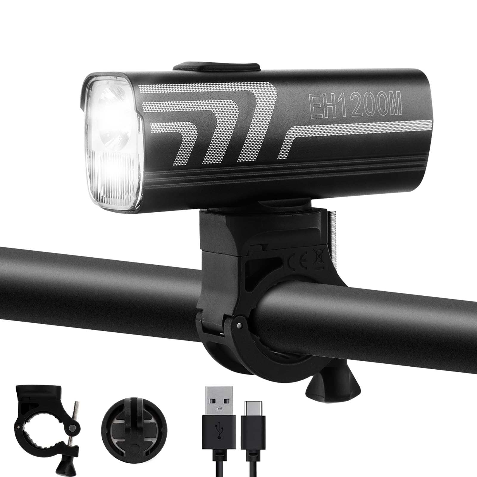 1200 Lumen Fahrradlampe Vorne mit Rücklicht, 4500mAh USB-C Akku, 4 Modi für Pendeln MTB Straße