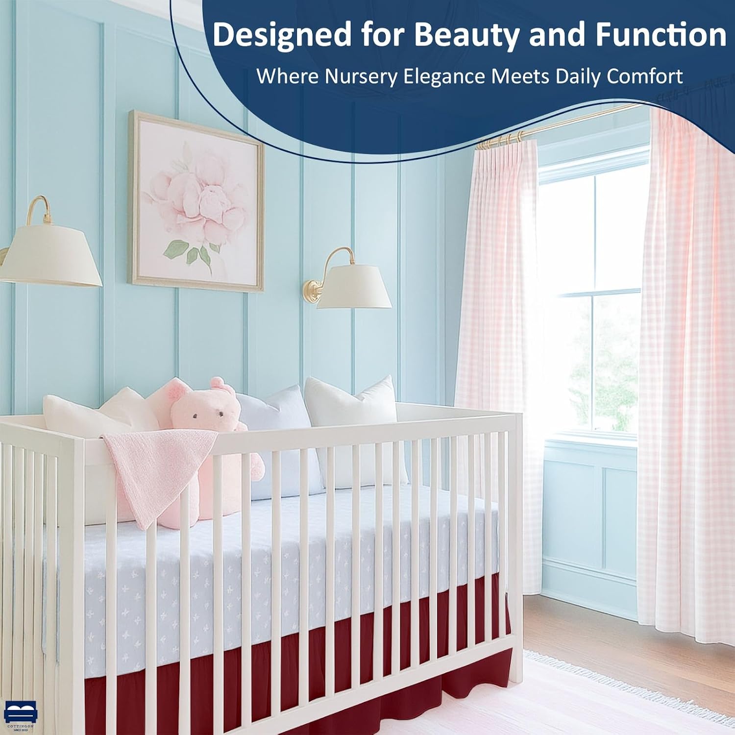 Cottingon Crib Bed Skirt for Nursery, Toddler Bedding Dust Ruffle, Brushed Microfiber Crib Skirt with 14" Drop, Fits Standard Crib and Toddler Beds, Burgundy