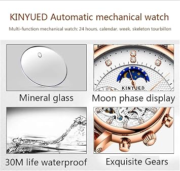 Automatic Watches for Men Waterproof Luxury Dress Self Winding Mechanical Skeleton Tourbillon Moon Phase Leather Luminous Wrist Watches