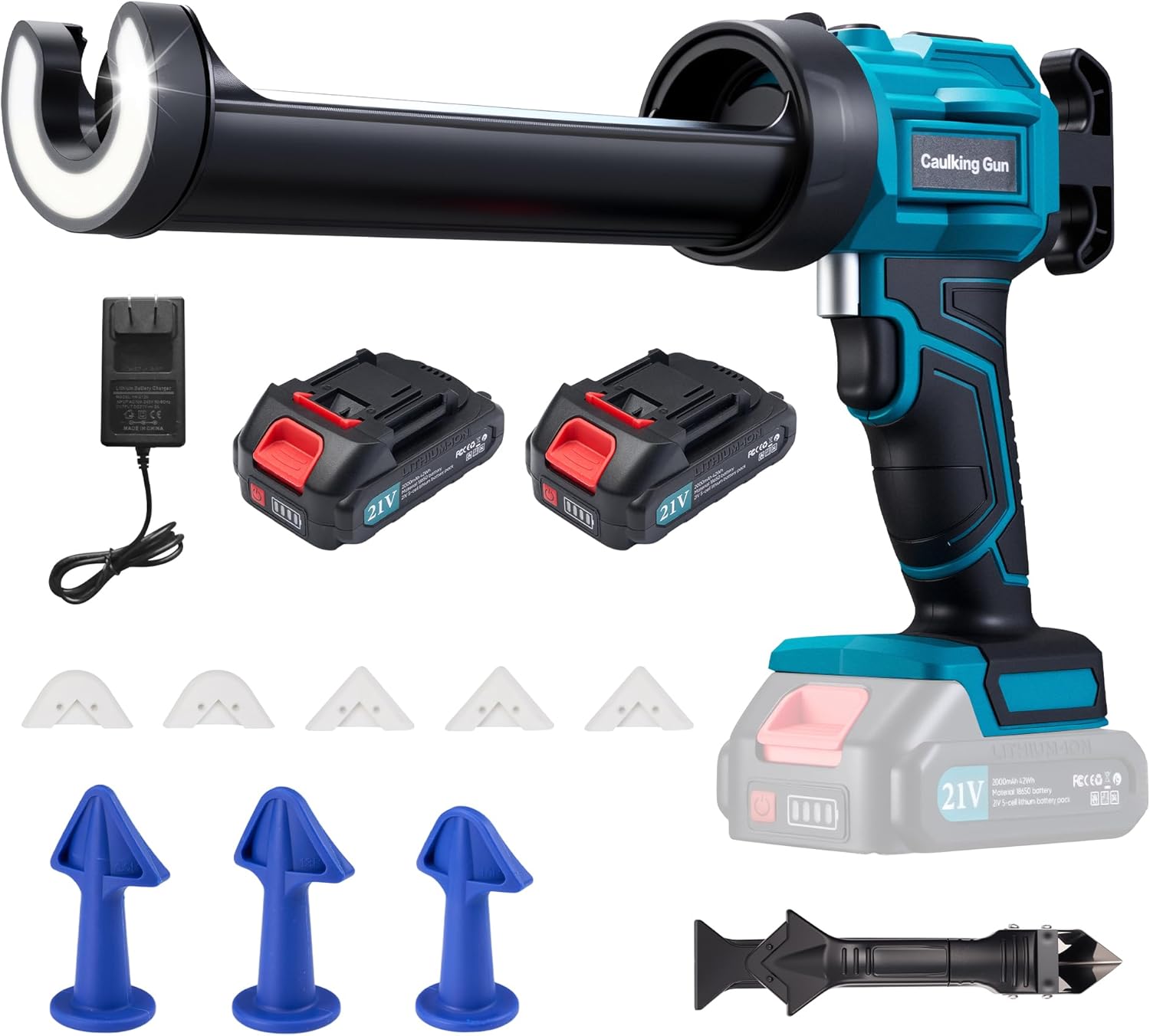 Electric Caulking Gun Cordless with 21V 2 * 2000mAh Rechargeable Batteries, 4 Adjustable Speeds up to 190 mm/min, 450LM built-in LED Light, 9 Pcs Silicone Caulking Tools set for Filling, Sealing
