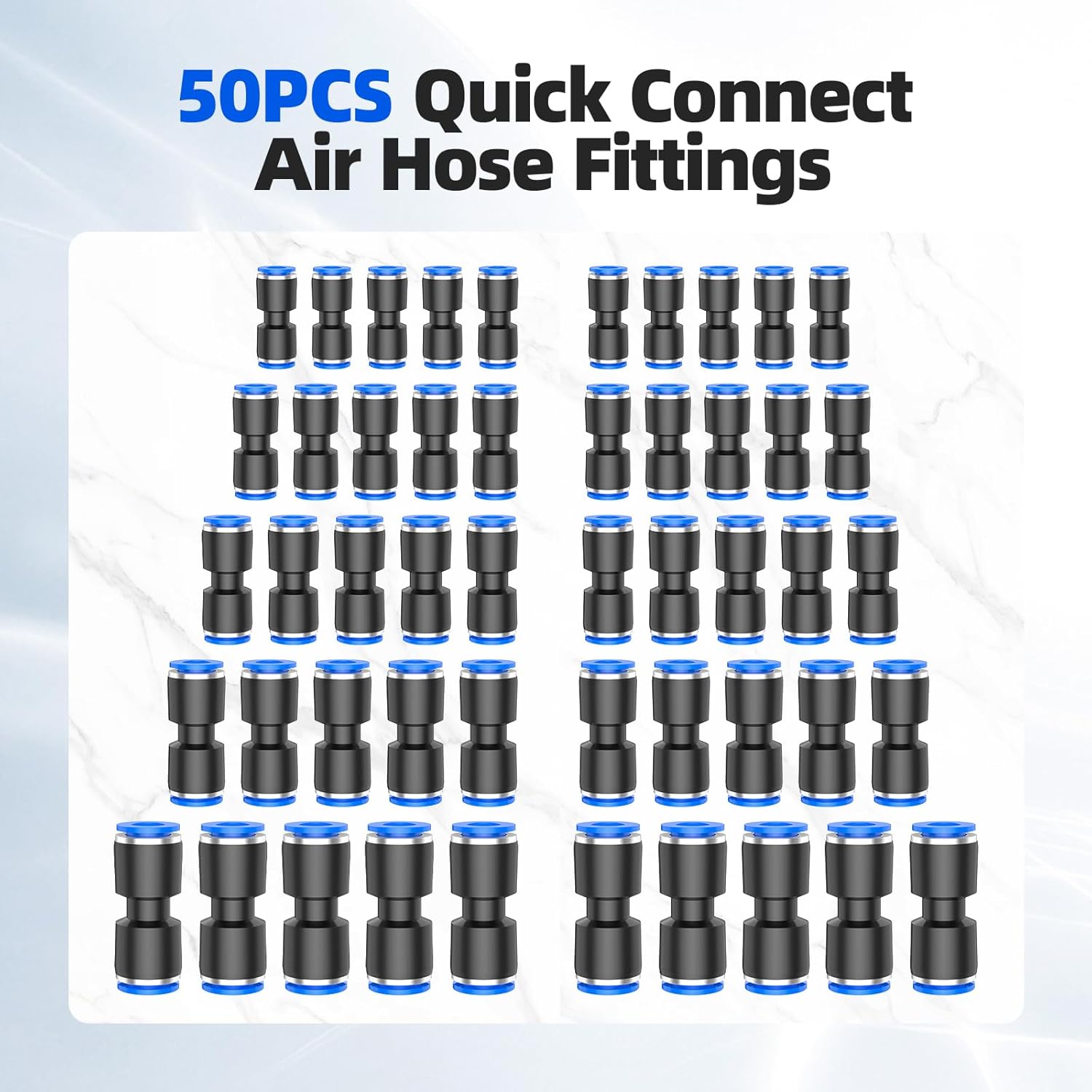 50PCS Quick Connect Air Hose Fittings 5/32 1/4 5/16 3/8 1/2 inch Straight Push to Connect Fittings Kit Quick Release Pneumatic Connectors Air Line Fittings for 5/32 1/4 5/16 3/8 1/2 inch Tube