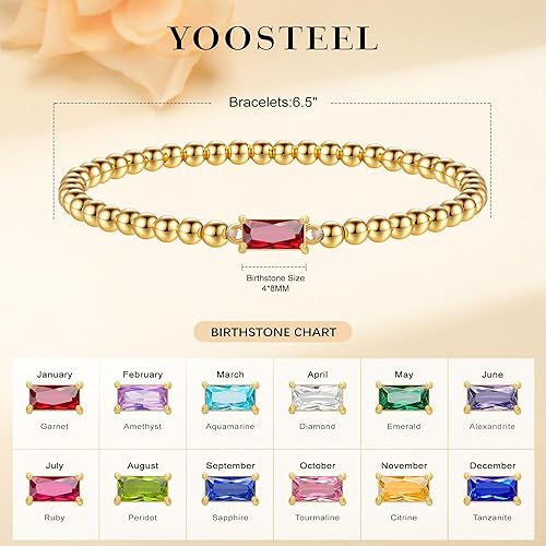Miniatura 5 de Yoosteel Pulsera delicada con piedra natal para mujer, pulseras elásticas chapadas en oro de 14 quilates, joyería de cumpleaños de amistad de moda,