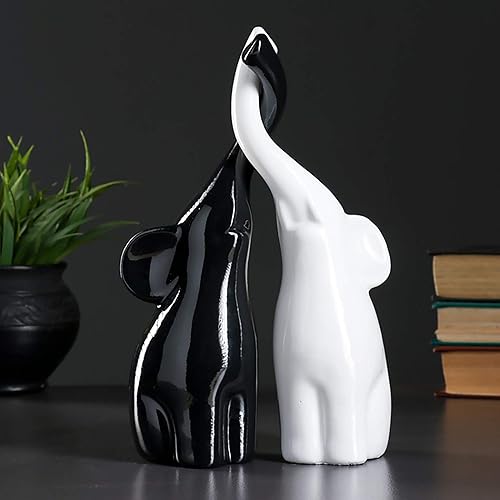 Miniatura 2 de Figuras de elefante negro blanco con tronco hasta 10 pulgadas - Estatuillas de elefante apiladas de cerámica Polystone Decoración del hogar Acento -
