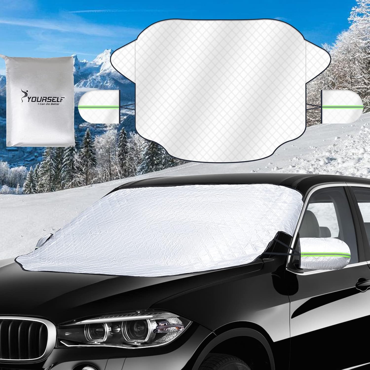 SYOURSELF Car Windshield Snow Cover Windscreen Frost Cover Winter Snow Ice Magnetic Cover All Weather Sun Dust Ice Protect Car Cover Waterproof Outdoor Windshield Cover with Two Mirror Covers