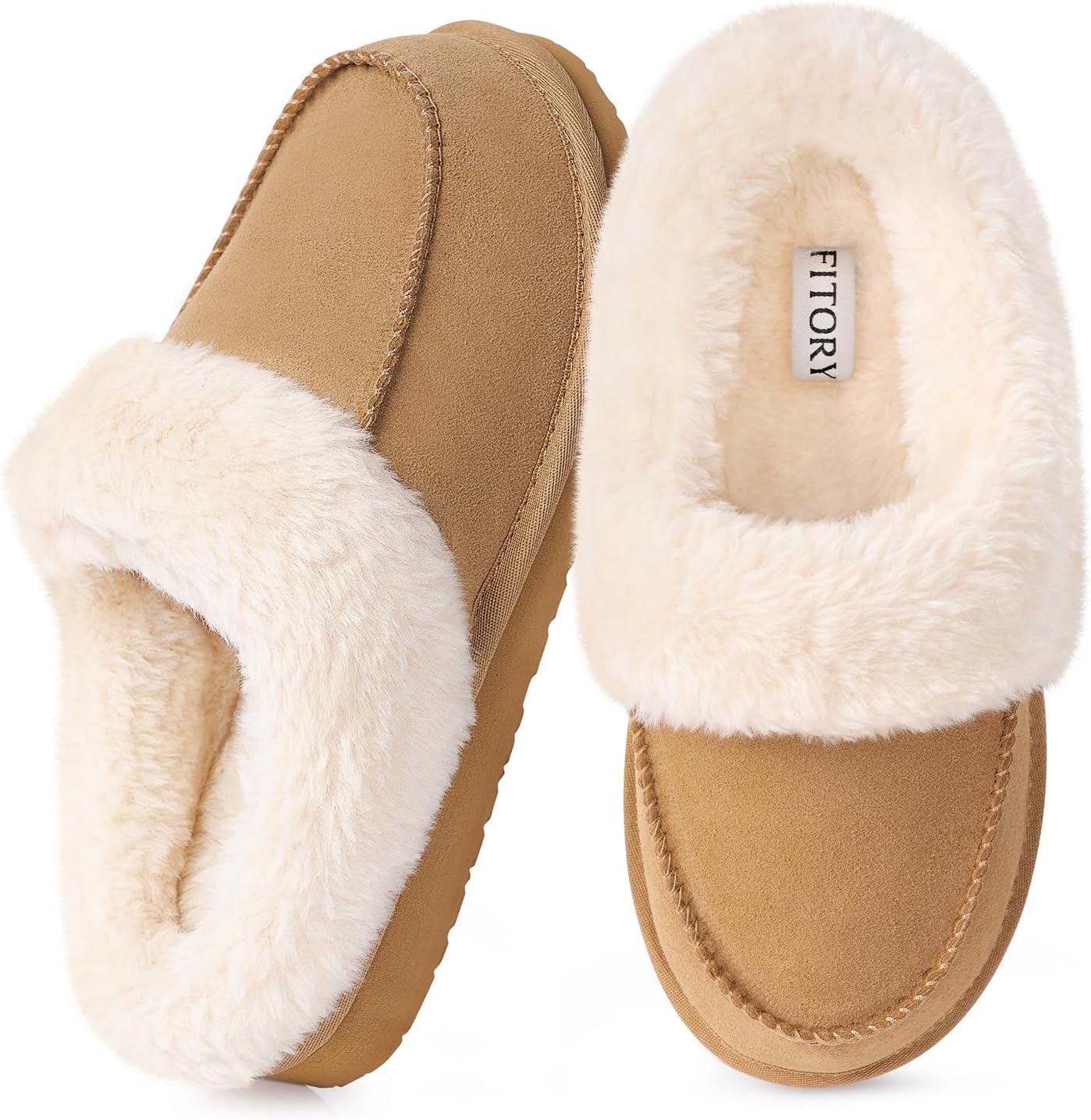 FITORY Women's Suede Slipper, Flat Slip On House Shoes with Faux Fur Lining Indoor Outdoor Short Mini Boots