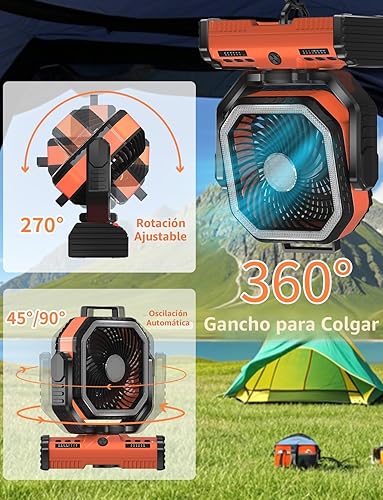 Miniatura 5 de Ventilador portátil de campamento de 12 pulgadas, ventilador de batería recargable de 40000 mAh con 4 velocidades de viento y luz LED de 140 horas,