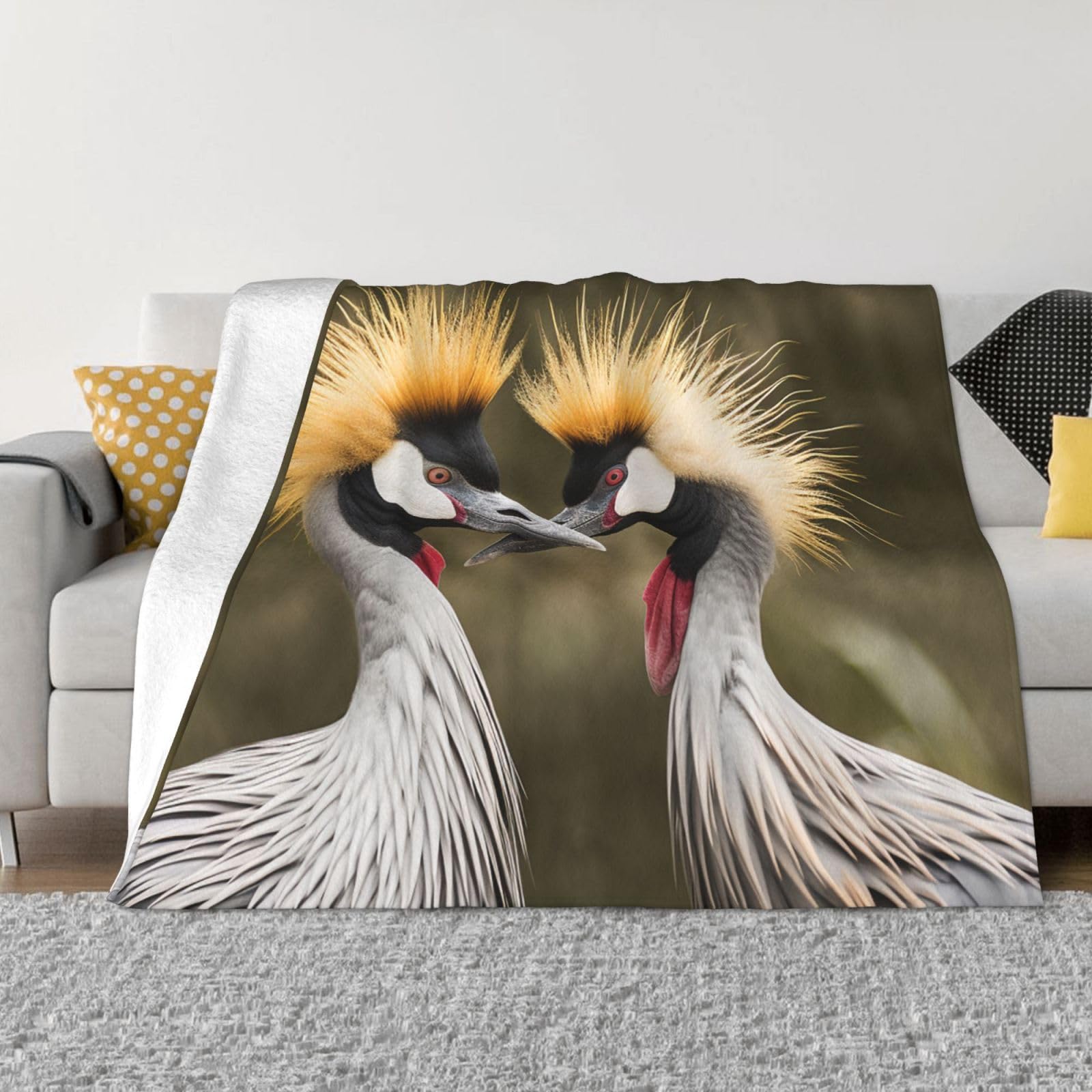 Couverture en micro polaire haut de gamme grise à motif grue couronnée toucher ultra doux