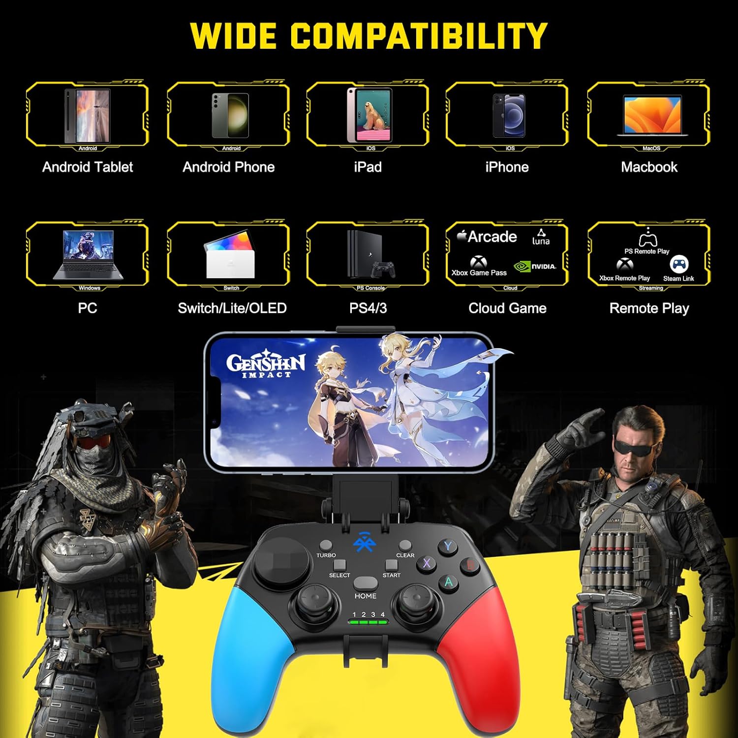 Joso Wireless Mobile Gaming Controller for iPhone, Android, iPad, Tablet, PC, Phone Controller with Phone Clip Supports Cloud Game, COD Mobile, Genshin Immpact, Remote Player Gamepad Black+Blue+Red image 2 of 8 B0BMXCPMCQ