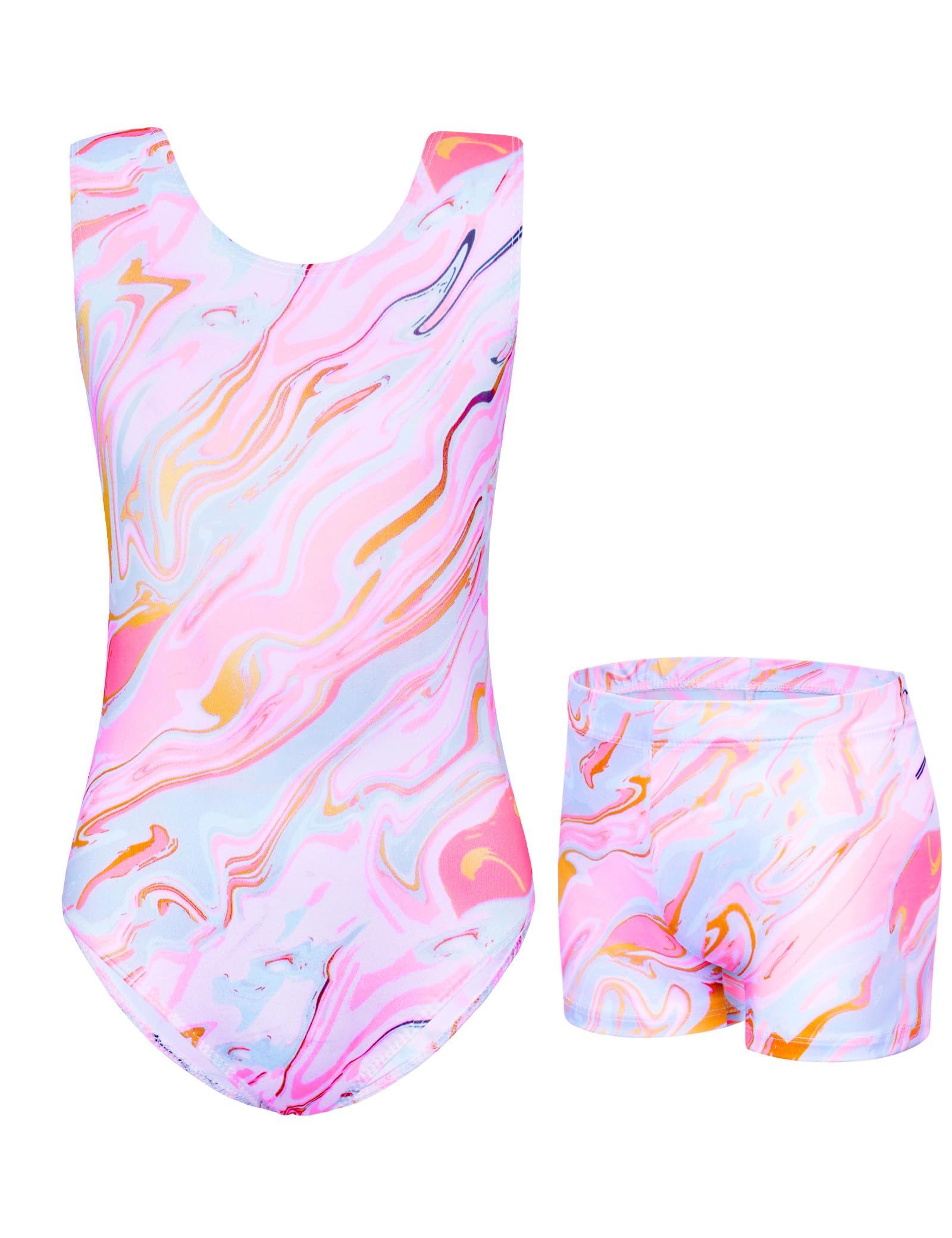 Jinhiteam Gymnastics Leotards for Girls - 2 Piece Shiny Sleeveless Outfit with Gym Shorts for Little Kids (4-12 Years)