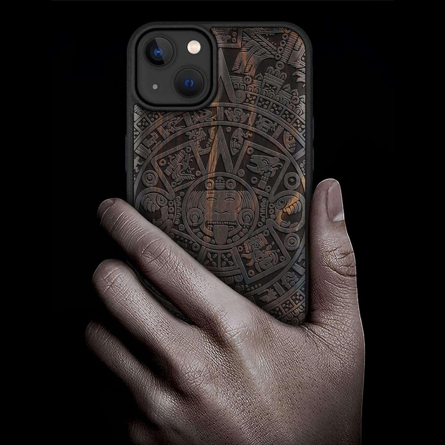Carveit Magnetic Wood Case for iPhone 14 Plus Case [Natural Wood & Black Soft TPU] Unique & Classy Wooden Shockproof Protective Cover Compatible with magsafe (Mayan Symbols Calendar -Blackwood)