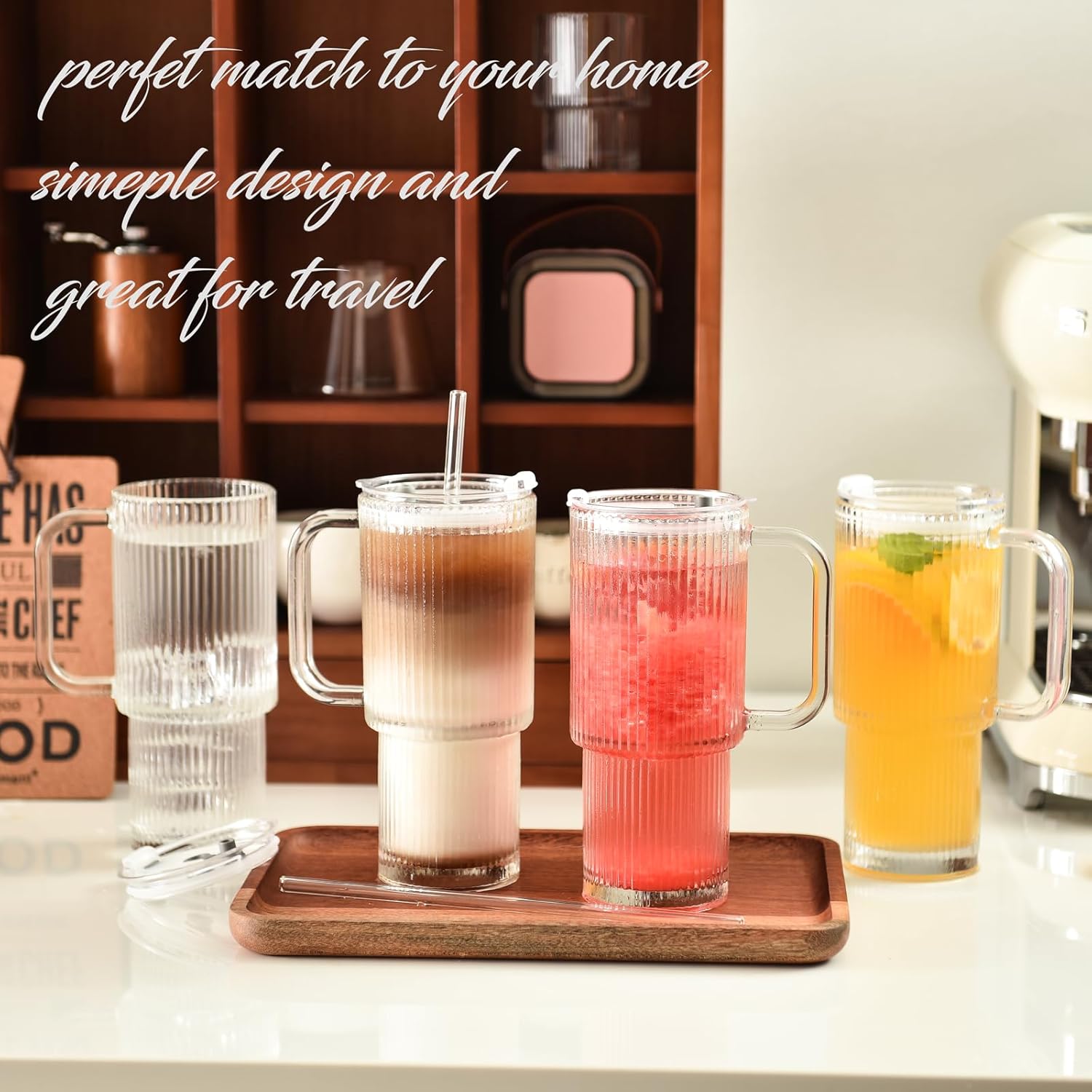 ALINK 26 oz Ribbed Glass Tumbler with Handle Lid and Straw, 2 Pack Ripple Large Iced Coffee Cups with Straws, Aesthetic Glass Travel Tumbler for Hot & Cold Beverages, Smoothies, Tea and Juice - Clear - Image 6