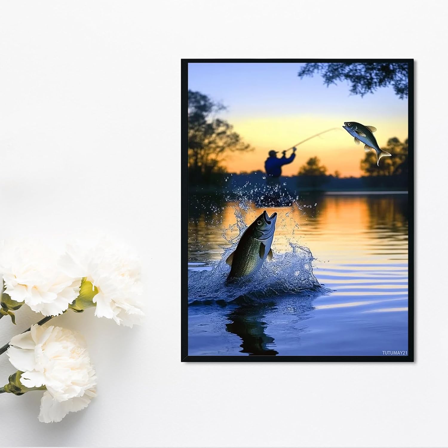 TUTUMAY21 DIY Beginner Adult Diamond Painting Set, Sunset Fishing, Fish Leaping Out of The Water, Diamond Art for Stress Relief Gift for Fishing Lovers 12x16inch